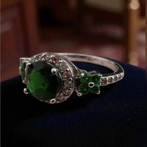 925 Silver Ring with Deep Green Diopside Center and Accents